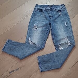 Judy Blue Jeans Women's sz 5/27 Boyfriend Fit Mid Rise Distressed Denim Jeans